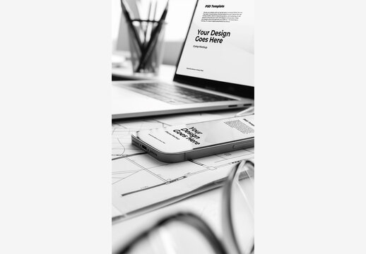 Desk with Cell Phone Mockup Screen Template AI Generated