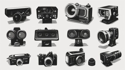 A collection of vintage camera and photographic equipment illustrations in monochrome style