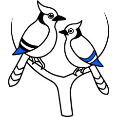 couple blue jay siting on the tree stick coloring book page vector art illustration, solid white background