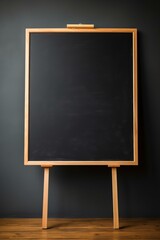 Blackboard with wooden frame on tripod legs against dark grey wall background
