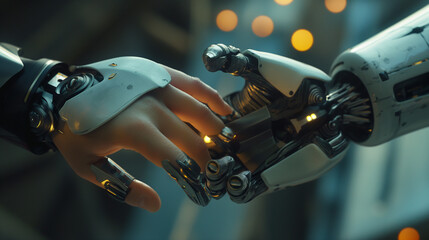 Person and a humanoid robot shaking hands