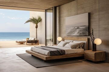 Modern Beachfront Bedroom with Ocean View and Comfortable Bed with Headboard