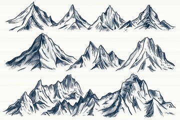 handdrawn doodle set of mountain peaks with rough sketchy style concept illustration