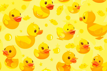 seamless pattern of cheerful yellow rubber ducks on a bright background
