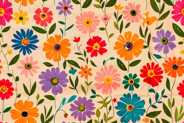 colorful floral pattern with vibrant daisies on a cream background