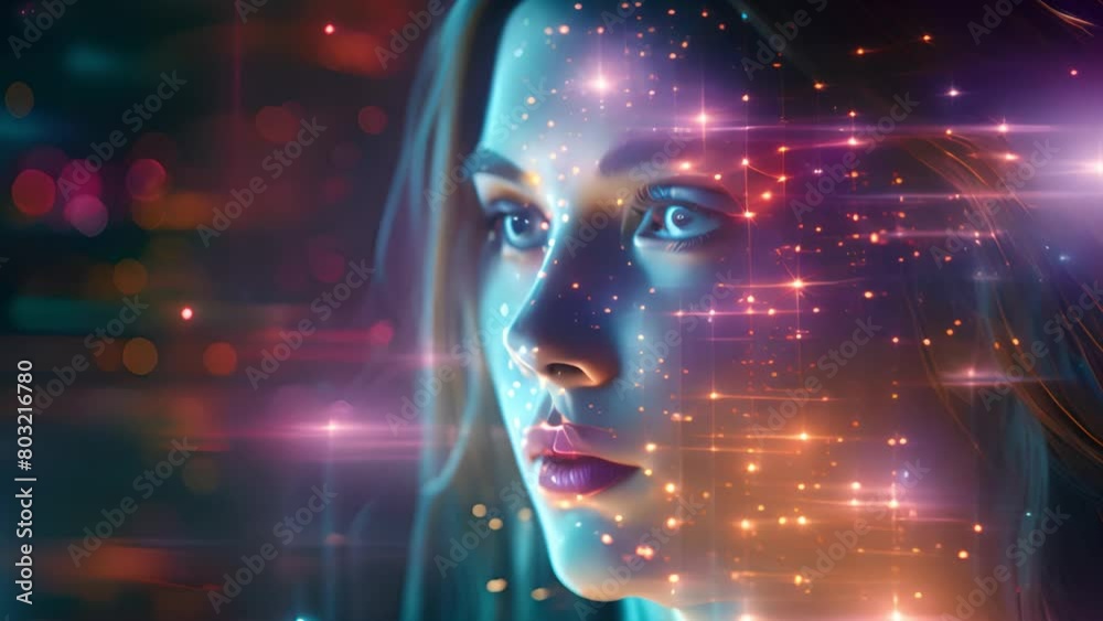 Poster close-up of a woman with colorful digital patterns overlaying her visage.