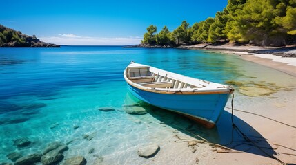 Wooden boat on the beach with crystal clear water