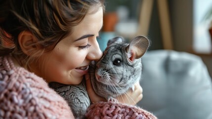 A woman playing with her pet chinchilla, sharing moments of joy and laughter that deepen their connection and love for each other