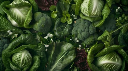 A vibrant collection of fresh green vegetables including cabbage, broccoli, and spinach leaves.