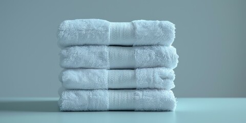 A stack of four white towels on a blue table against a blue background - obrazy, fototapety, plakaty