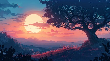 A beautiful landscape of a large tree with a large moon in the background