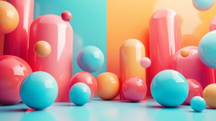 Colorful 3D spheres and cylinders on a blue and orange background