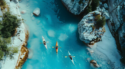 Aerial view of two kayakers in turquoise water boat