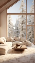 A Minimalist Living Room With a View of Snowy Trees