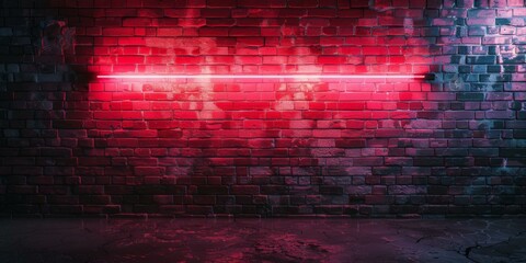 Red neon light on a brick wall background