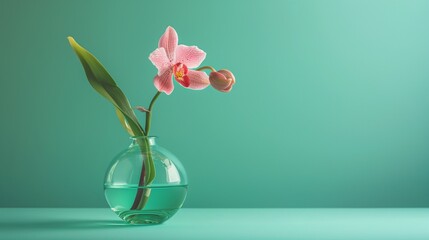 An elegant, blown glass vase containing a single, exotic orchid, displayed against a jade green...