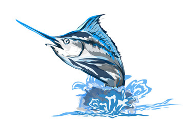a large marlin fish jumping on the surface of the sea water, without background