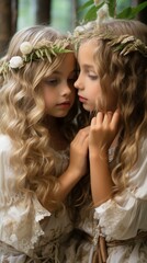 Two little girls with long blond hair wearing white dresses and flower crowns are standing close to each other in a forest