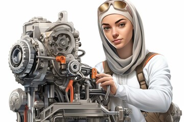 A young female mechanic in a white headscarf works on a car engine.