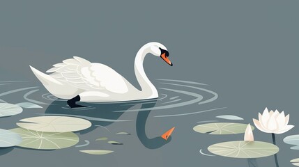 Graceful swan gliding on serene water among lily pads, an elegant nature scene