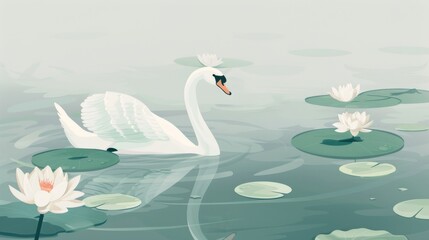 Graceful swan gliding on serene water among lily pads, an elegant nature scene