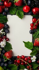 Elegant vertical frame of assorted berries and flowers with a central white copy space.