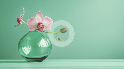 An elegant, blown glass vase containing a single, exotic orchid, displayed against a jade green background.