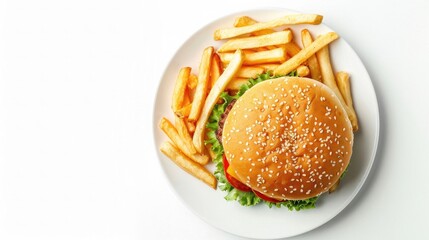 Delicious burger and french fries on a plate top view on isolated white background - obrazy, fototapety, plakaty