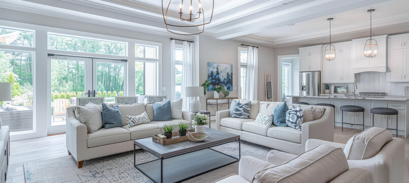 Gran sal&oacute;n de estar lujoso con cocina integrada en tonos blancos y azules , decorado con mesa central, grandes sof&aacute;s y cocina espaciosa y equipada, con gran ventanal 