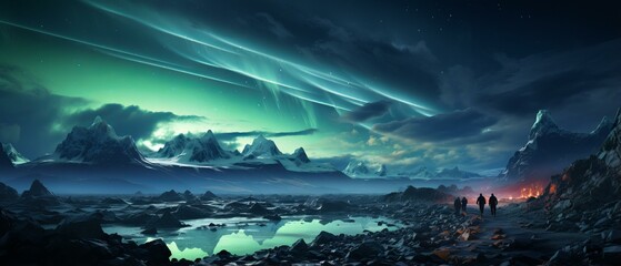 Obraz premium Aurora borealis landscape with mountains and hikers
