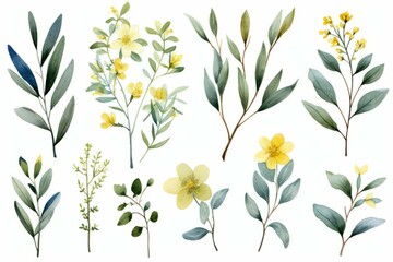 Aquarelle Set of Yellow Flowers and Green Leaves