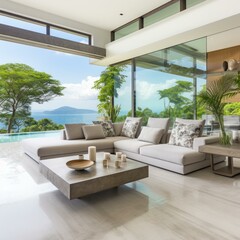 Modern luxury villa living room with infinity pool and ocean view