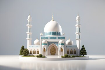 Obraz premium Celebration of islamic white mosque miniature 3d rendering in blank background