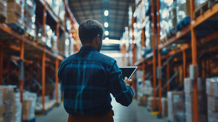 Warehouse manager using tablet to manage inventory, modern logistics