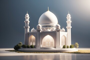Fototapeta premium Celebration of islamic white mosque miniature 3d rendering in blank background