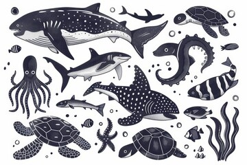 hand drawn marine life doodle set with fish sharks turtles and octopus