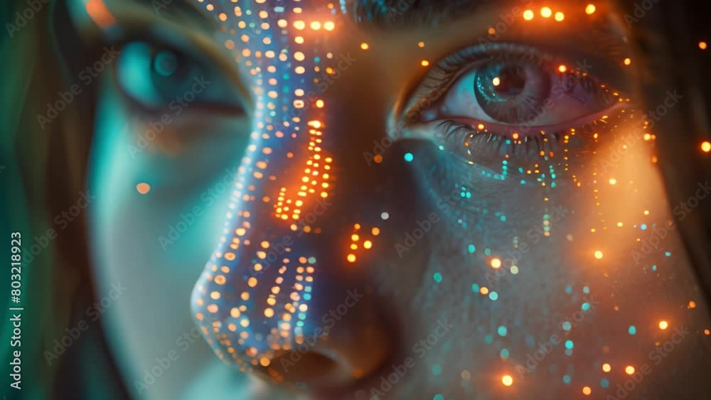 Poster Womans face with glowing digital code, symbolizing data protection.