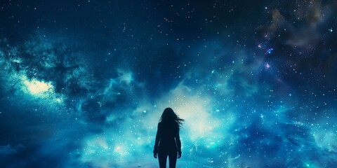 girl standing alone in the middle of a beautiful landscape looking up at the starry night sky