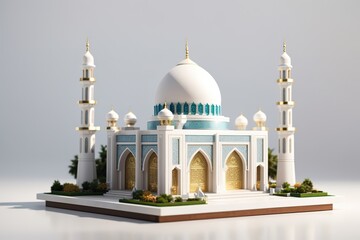 Fototapeta premium Celebration of islamic white mosque miniature 3d rendering in blank background