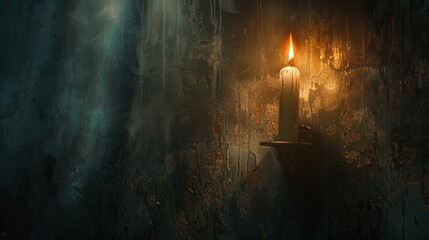 A single candle flame flickering against a cracked, dark wall in a moody atmosphere