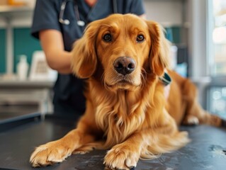 A golden retriever dog being examined by a veterinarian
