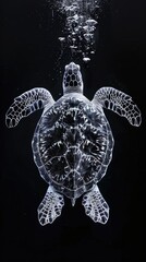 Fototapeta premium A turtle gracefully swims beneath the water, surrounded by bubbles creating a captivating scene