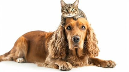 A brown cocker spaniel dog with a tabby cat on its head
