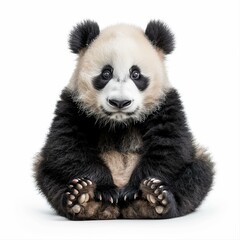 A cute panda bear cub sitting down with its paws in front of it