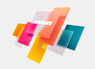 3D colorful squares and rectangles on white background. Art geometric shapes in glass morphism style. Abstract vector design elements