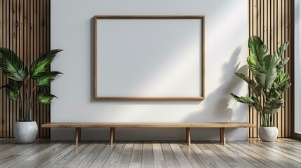 An empty wooden frame on a white wall with a wooden bench and plants in front of it