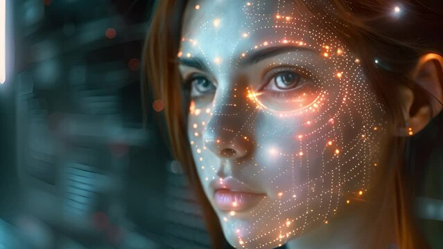 Womans face illuminated by glowing digital patterns against a dark background.