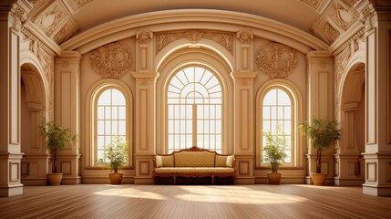 Fototapeta premium ornate ballroom with arched windows and plants