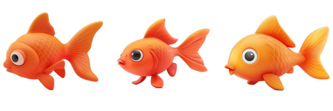 PNG goldfish 3d icons and objects collection, in cartoon style minimal on transparent, white background, isolate