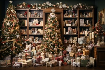 A beautiful decorated room with a Christmas tree and many presents